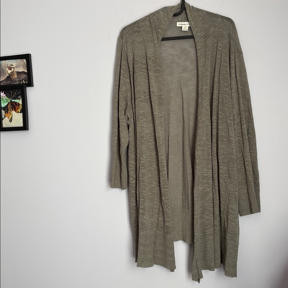 Coldwater Creek Burnout Fabric Green Gray Long Open Front Cardigan 2X (20W-22W)